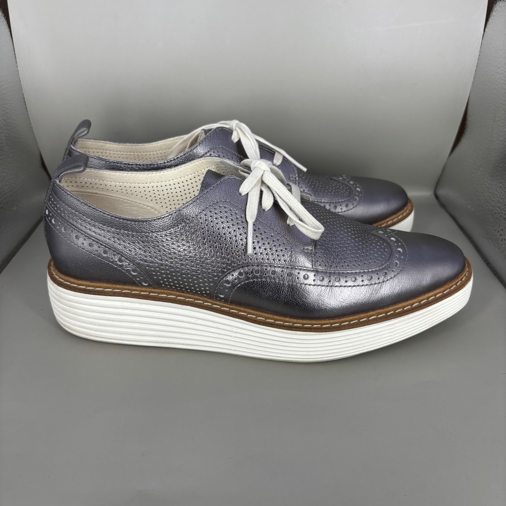 Cole Haan Grand Ambition Wingtip Oxford Metallic Pewter Silver W29762 Womens 9B